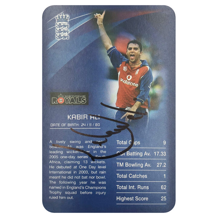 Signed Kabir Ali Collector Card - England Cricket Top Trumps