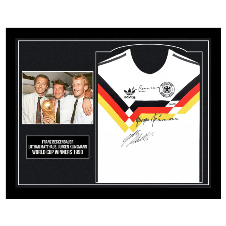 Framed Beckenbauer, Matthaus & Klinsmann Signed Shirt - World Cup Winners 1990