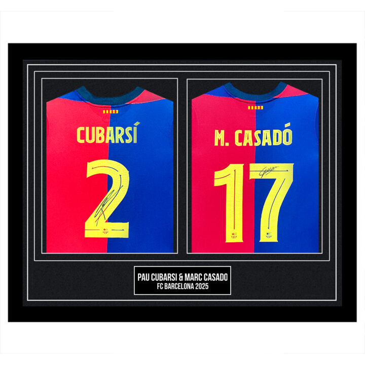 Signed Pau Cubarsi & Marc Casado Framed Duo Shirts - FC Barcelona 2025