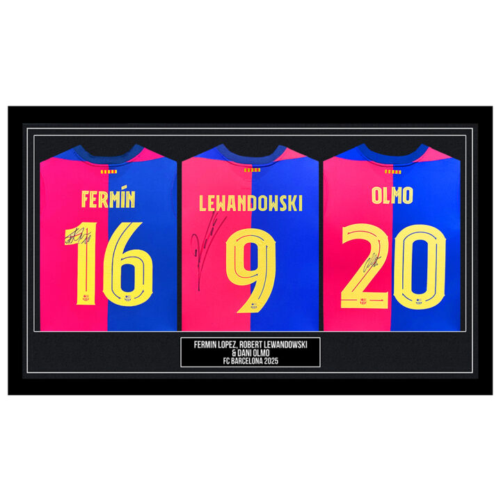 Signed Lopez, Lewandowski & Olmo Framed Shirts - FC Barcelona 2025