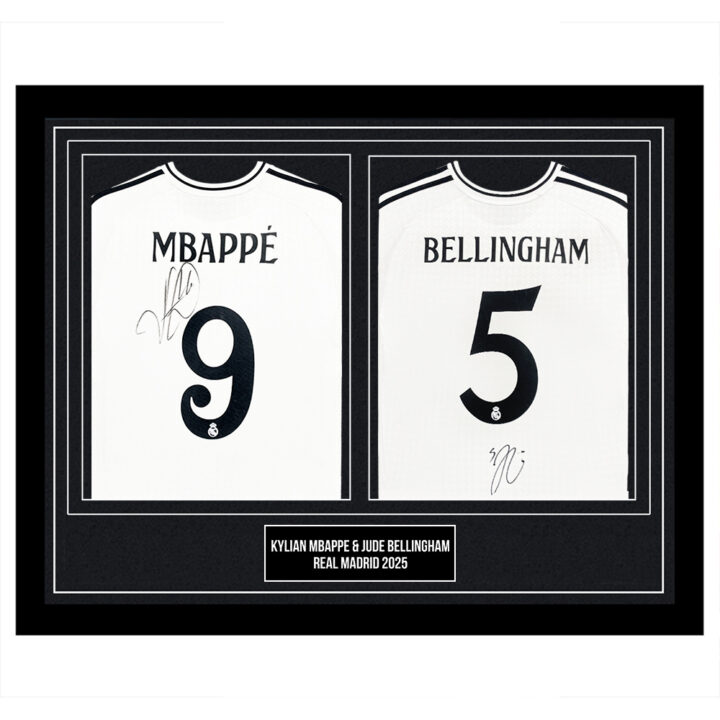 Signed Kylian Mbappe & Jude Bellingham Framed Duo Shirts - Real Madrid 2025