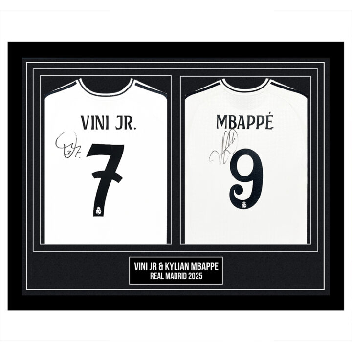 Signed Vini Jr & Kylian Mbappe Framed Duo Shirts - Real Madrid 2025