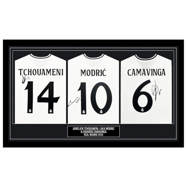 Signed Tchouameni, Modric & Camavinga Framed Shirts - Real Madrid 2025