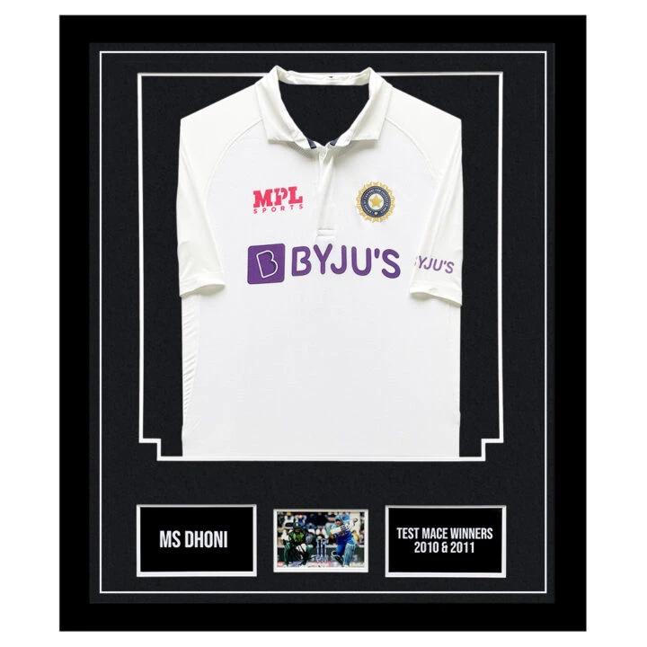 Signed MS Dhoni Framed Display - Test Mace Winners 2010 & 2011 Shirt