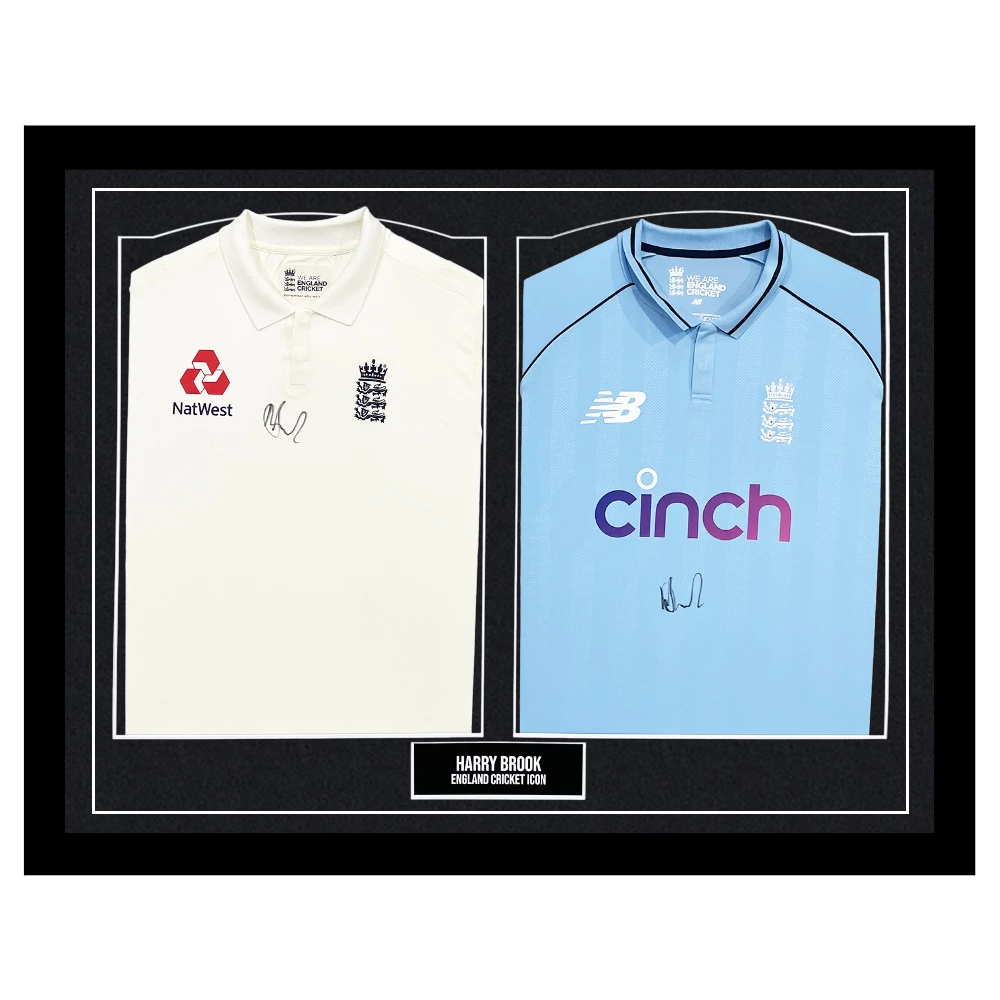 Signed Harry Brook Framed Duo Shirts - England Cricket Icon