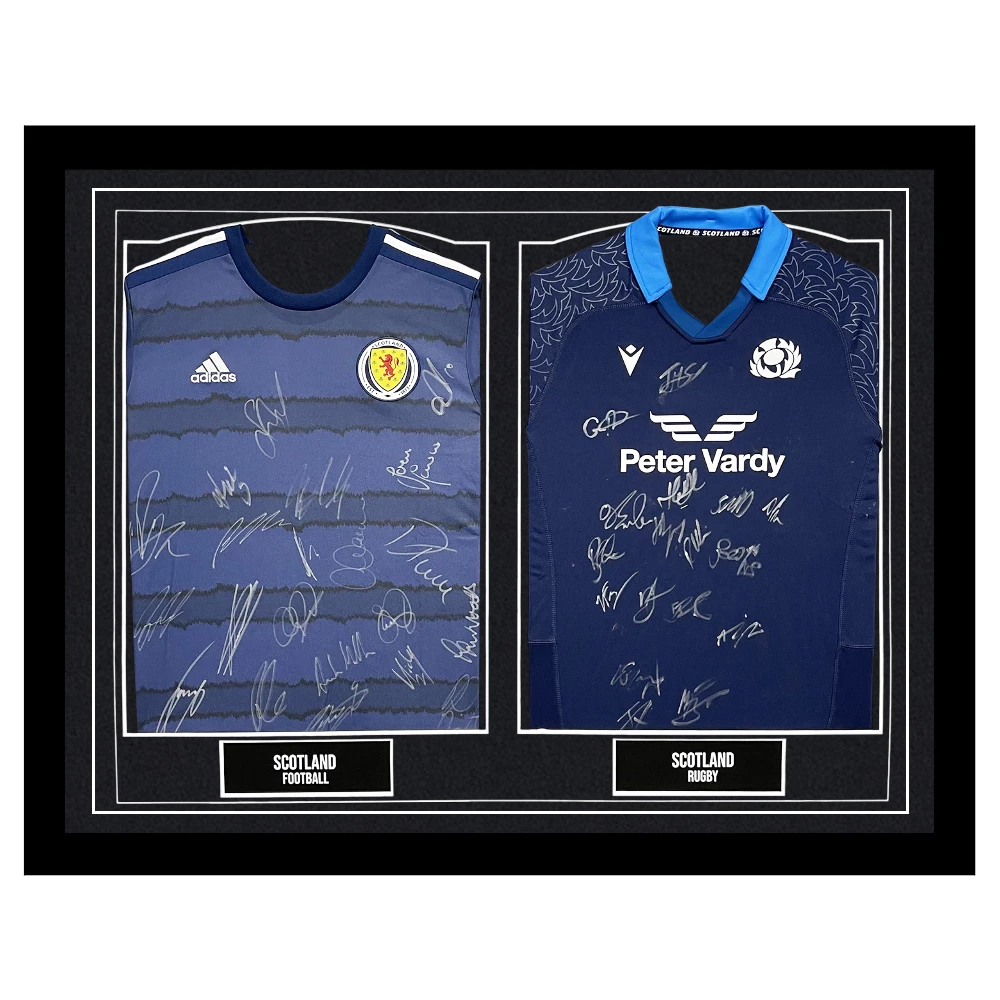 Signed Scotland Football & Rugby Framed Duo Shirts - Squad Autograph