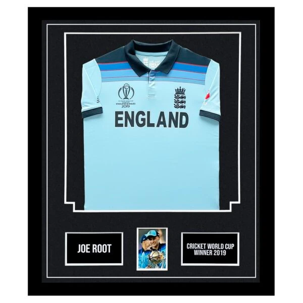 Signed Joe Root Framed Display - Cricket World Cup Winner 2019 Shirt