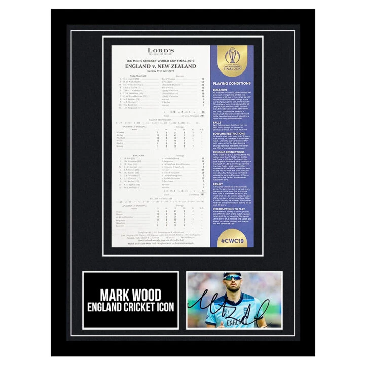 Signed Mark Wood Framed Scorecard Display - CWC Winner 2019