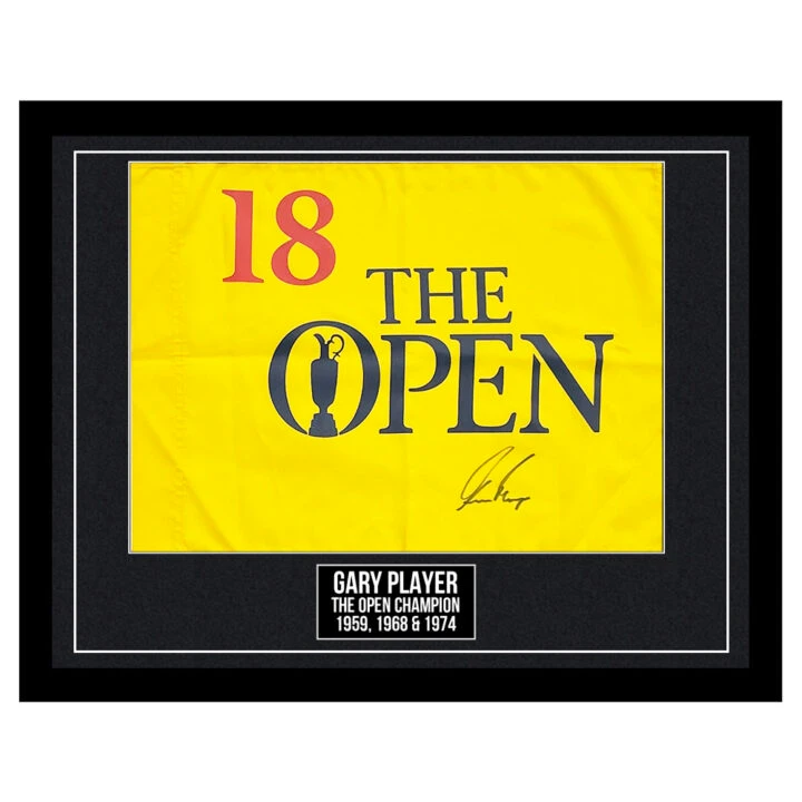 Signed Gary Player Framed Pin Flag - The Open Champion 1959, 1968 & 1974