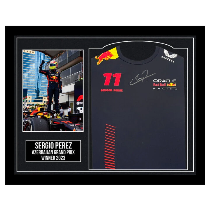 Framed Sergio Perez Signed Shirt - Azerbaijan Grand Prix Winner 2023