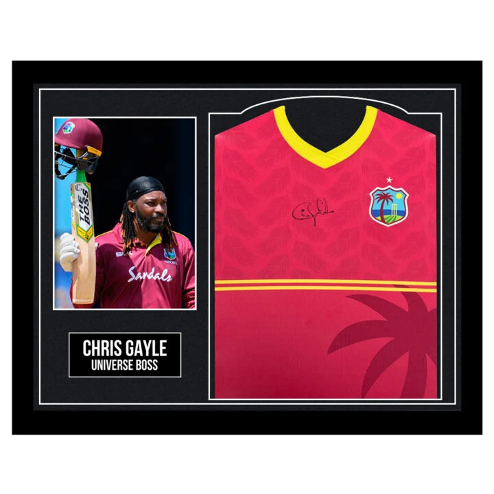 Framed Chris Gayle Signed West Indies Shirt - Universe Boss Autograph