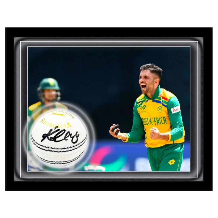 Signed Keshav Maharaj Ball Framed Dome - T20 Cricket World Cup 2024