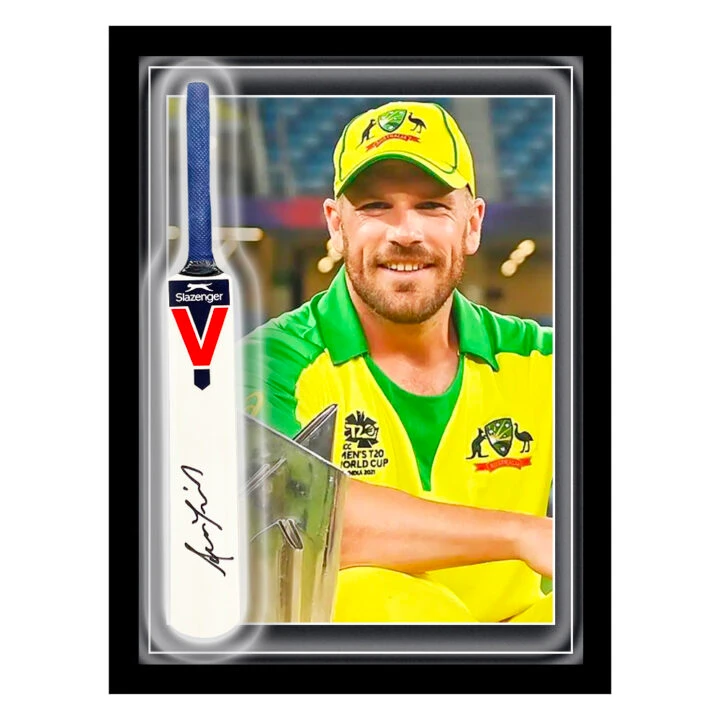 Signed Aaron Finch Mini Bat Framed Dome - T20 CWC Winner 2021